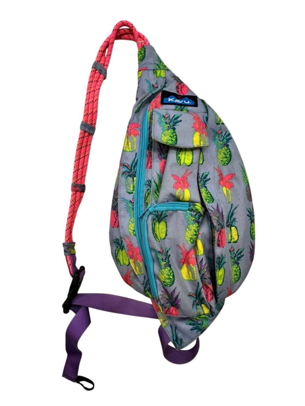 KAVU Gray Pineapple Print Canvas Rope Sling Bag Crossbody Backpack Unisex Casual